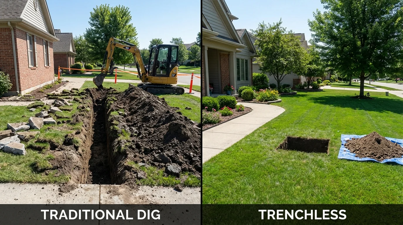 Trenchless sewer repair with minimal yard damage versus traditional excavation in Fox Lake, IL