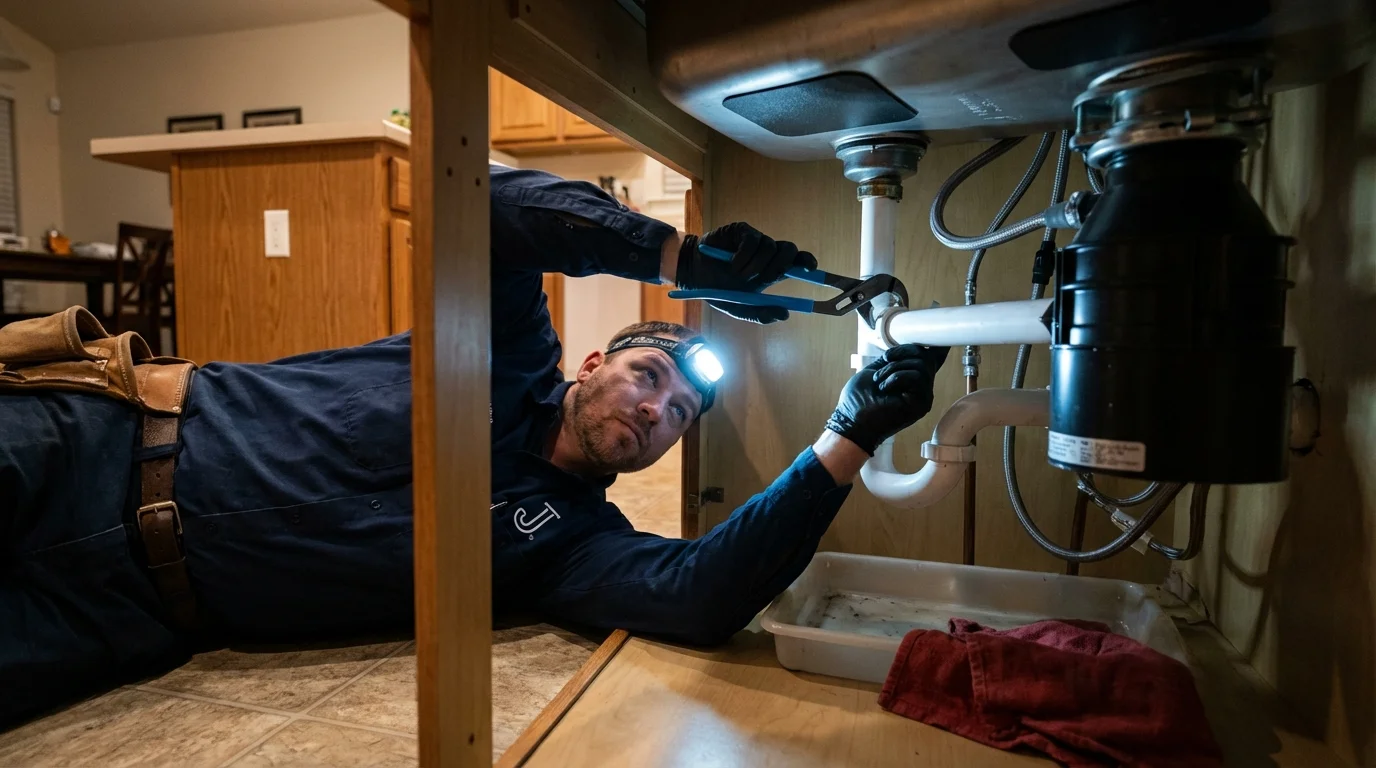 P-trap and supply line connections under a kitchen sink showing a common leak point in Fox Lake, IL